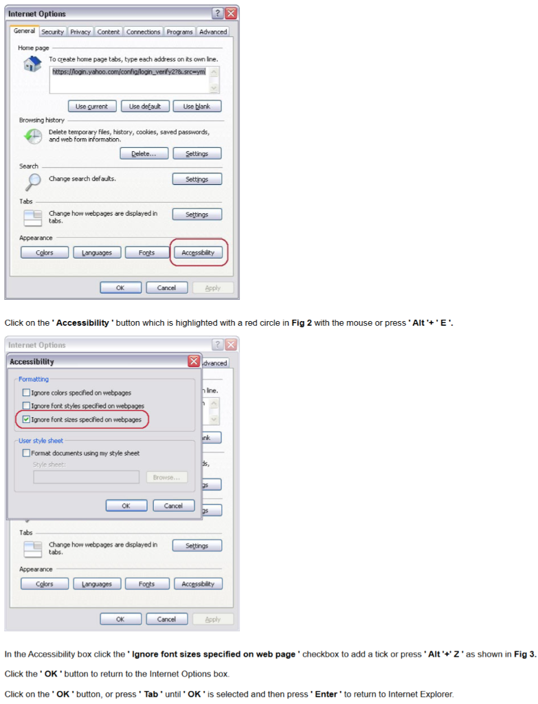 Internet Explorer Internet Options dialog showing Accessibility button
