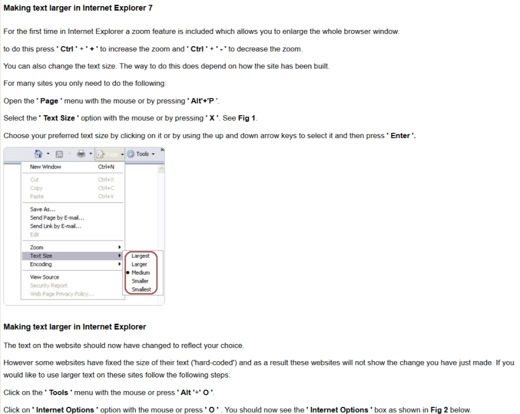 Internet Explorer Page Menu showing Text Size options