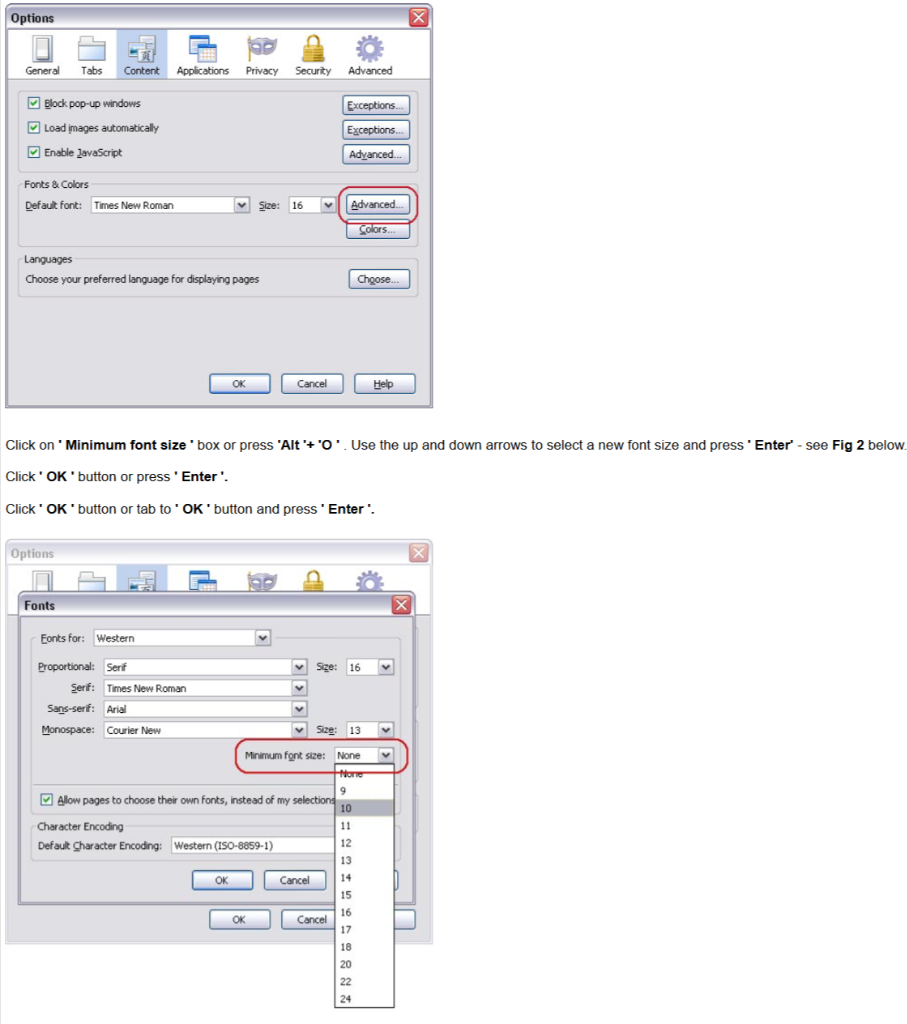 Firefox Fonts Dialog showing minimum font size dropdown